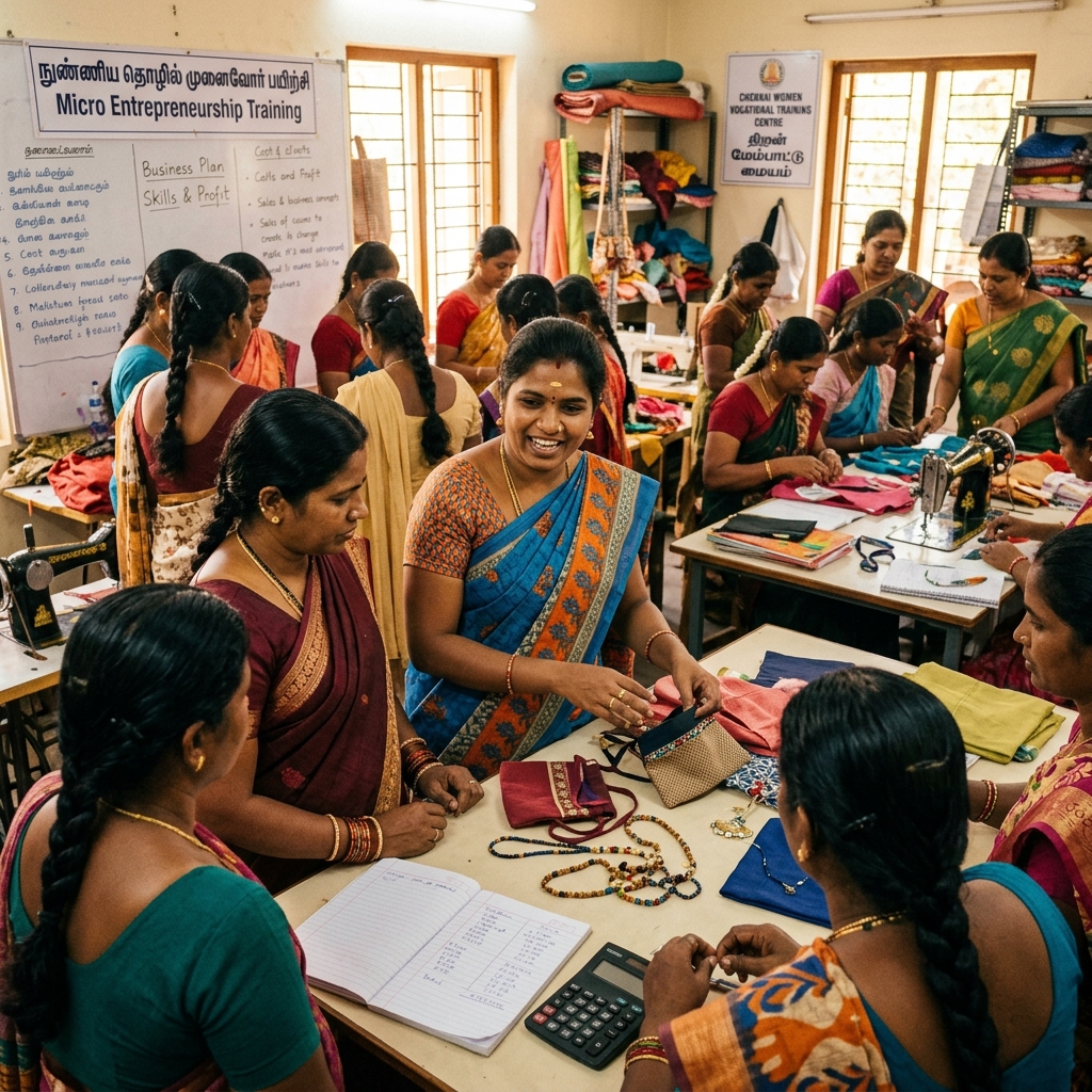 South Indian ladies attending vocational sewing training